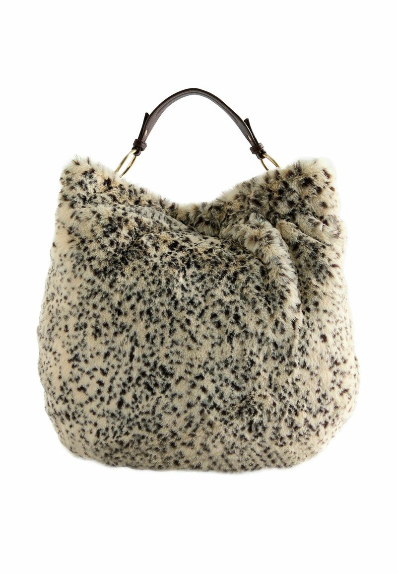 Faux-Fur-Handtasche mit beigem Grund und schwarzem Tupfenmuster, in strukturierter Form und braunen Ledergriffen mit goldenen Akzenten.