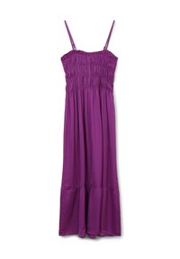 Purple sleeveless dress with smocked bodice, flowing mid-length skirt, and gathered hem. Soft texture with slight sheen.