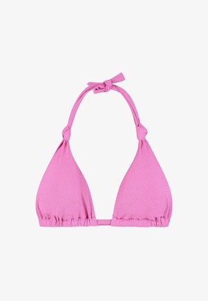 Top bikini rosa con coppe triangolari, tessuto testurizzato e legacci regolabili al collo e sulla schiena. Presenta bordi arricciati per una migliore forma.