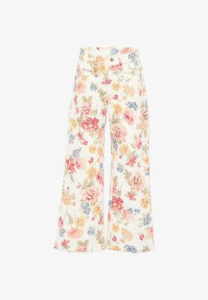 Pantaloni bianchi a gamba larga con stampa floreale multicolore, chiusura con bottoni e un piccolo charm decorativo dorato in vita.