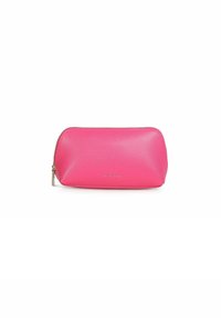 Pochette cosmetica in pelle rosa dalla forma arrotondata, con zip dorata e logo in rilievo sulla parte anteriore. Tocco liscio con finitura opaca.