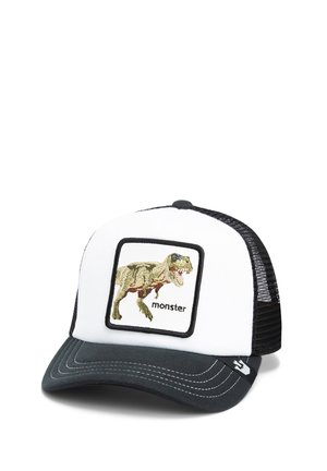 Trucker cap featuring a white front panel with a dinosaur embroidery, black mesh sides, and a dark brim. Text “monster” under the design.
