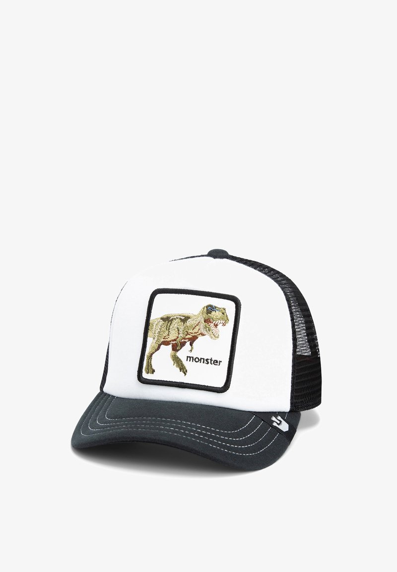 Trucker cap featuring a white front panel with a dinosaur embroidery, black mesh sides, and a dark brim. Text “monster” under the design.