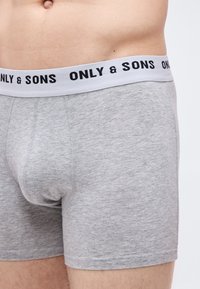 Κοντινό πλάνο ενός ατόμου που φοράει ανοιχτό γκρι μποξεράκια με λευκή ζώνη μέσης, στην οποία αναγράφεται με μαύρο κείμενο η επωνυμία "ONLY & SONS".