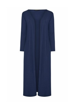 Long cardigan côtelé bleu marine avec manches longues et devant ouvert, conçu pour être superposé.