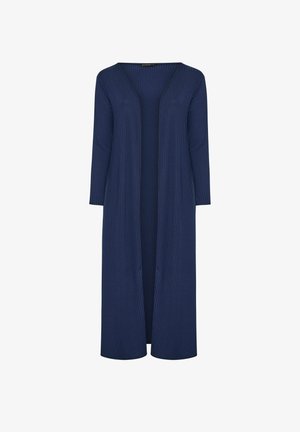 Long cardigan côtelé bleu marine avec manches longues et devant ouvert, conçu pour être superposé.