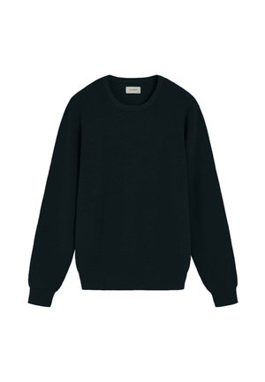 Suéter negro de cuello redondo con mangas largas, hecho de material de punto texturizado. Diseño simple con puños y dobladillo acanalados. Sin patrones ni detalles visibles.