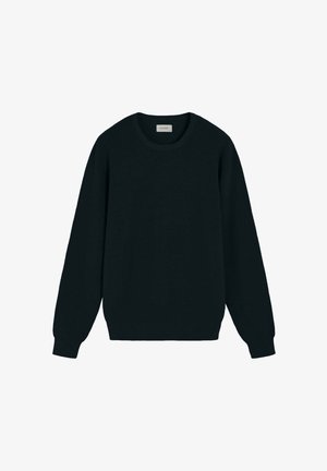 Suéter negro de cuello redondo con mangas largas, hecho de material de punto texturizado. Diseño simple con puños y dobladillo acanalados. Sin patrones ni detalles visibles.