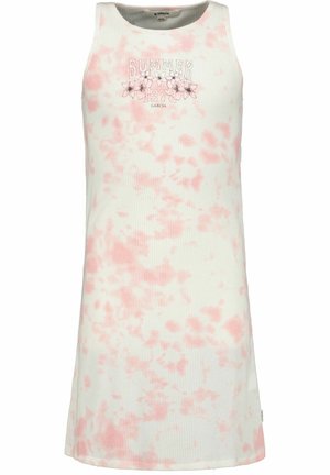 Sukienka bez rękawów z prążkowanej tkaniny, z pastelowym różowym wzorem tie-dye, z napisem "SUMMER" i kwiatowym motywem z przodu.