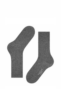 Graue Socken mit einem gerippten Bündchen und glatter Textur. Verfügen über verstärkte Fersen- und Zehenbereiche, mit einer Markenaufdruck auf der Sohle.
