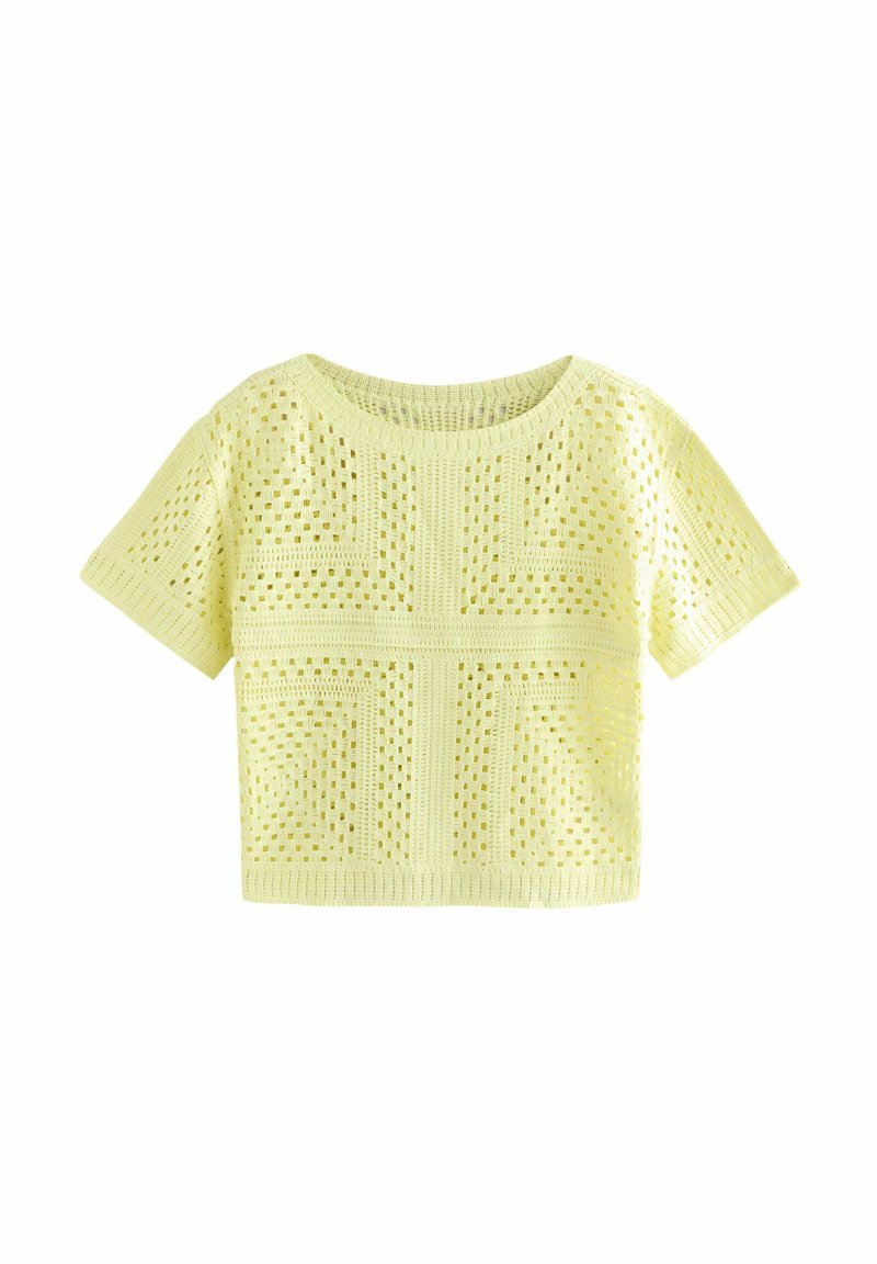 Gul cropped strikket sweater med korte ærmer, præget af et tekstureret, åbent vævemønster og en rund halsudskæring.