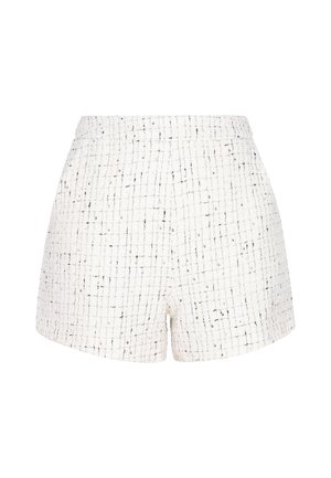 Hvide teksturerede shorts med et ternet mønster, der har sorte og metalliske trådaccents. Designet med høj talje og lige snit.