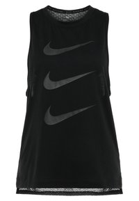Czarny bezrękawnik sportowy z okrągłym dekoltem, z czterema tonowymi logo swoosh Nike w lekko odbijającym świetle. Lekka tkanina.
