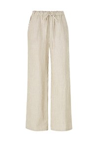 Pantaloni a gamba larga realizzati in tessuto leggero con un motivo a righe verticali beige e bianche. Presentano un elastico in vita con coulisse per una vestibilità regolabile.