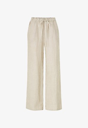 Pantalons évasés en tissu léger avec un motif rayé vertical beige et blanc. Dispose d'une taille à cordon pour un ajustement réglable.