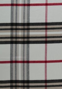 Tessuto a quadri intrecciato con uno sfondo bianco e linee nere, grigie, rosse e beige, creando un motivo a scacchi con una consistenza morbida.
