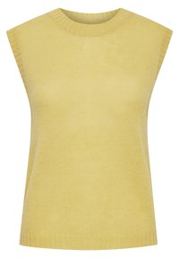 Sleeveless yellow knit top with a round neckline, featuring a smooth texture and slightly relaxed fit. Simple design without patterns.