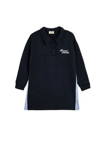 Mörkblå pikétröja med långa ärmar och knappad krage, med sidpaneler i ljusblå rutigt mönster och "Alltid Fantastisk" broderat.
