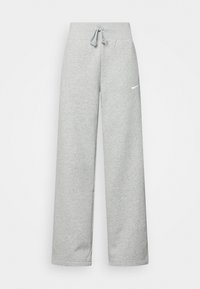 Pantalones de chándal grises hechos de una tela suave, con una cintura ajustable mediante cordón y bolsillos laterales. Presenta un pequeño logo blanco en la parte inferior de la pierna izquierda.