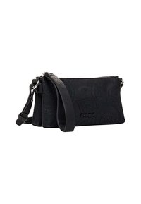 Borsa a pochette nera in pelle con motivi circolari in rilievo, tracolla staccabile, chiusura con zip e logo del brand discreto. Forma rettangolare compatta.