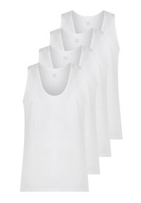 Top in cotone bianco senza maniche con scollatura rotonda, presentati in un set di quattro. Texture liscia e design semplice.