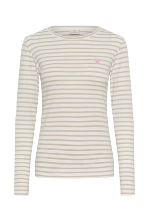 Bézs és fehér csíkos hosszú ujjú póló kerek nyakkivágással és egy kis rózsaszín szívvel hímzett a bal mellkason.