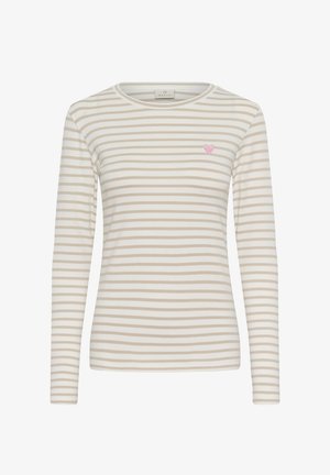Béžovo-biele pruhované tričko s dlhým rukávom, okrúhlym výstrihom a malým ružovým srdiečkom vyšitým na ľavej strane hrudníka.