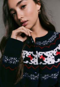 Tumesinine ja valge kootud kardigan, millel on Fair Isle'i muster, punased aktsendid ja väiksed punased paelad disainil. Näha on kolm tumedat nööpi.