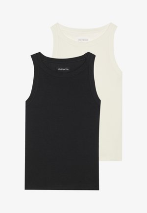 Deux débardeurs en noir et crème. Tous deux présentent un tissu doux et extensible avec un col rond et sans manches. Design simple et basique.