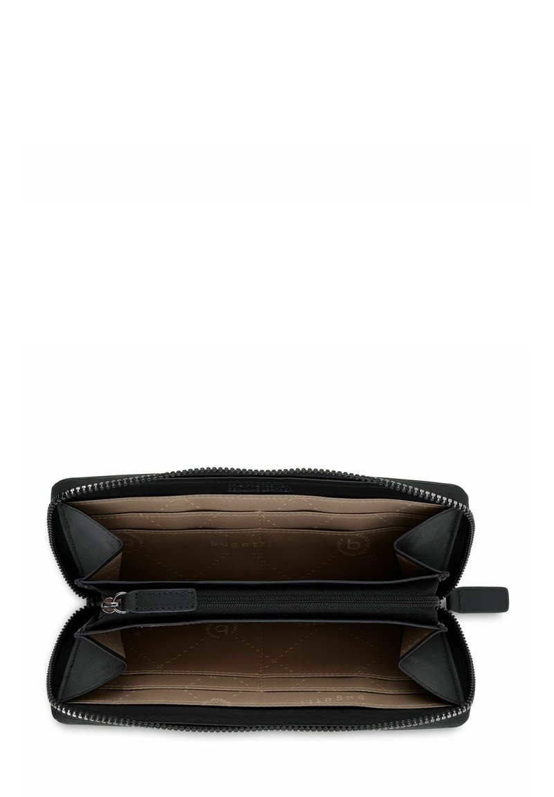 Porte-monnaie noir avec fermeture éclair, en cuir lisse à l'extérieur, présentant un intérieur beige matelassé. Plusieurs emplacements pour cartes et un compartiment central avec fermeture éclair.