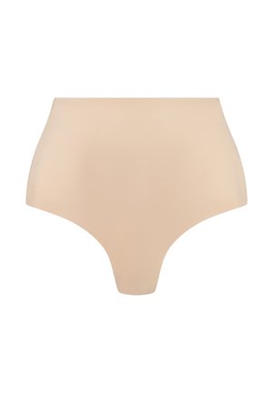 Mutande beige a vita alta con finitura liscia, caratterizzate da un design a copertura totale e bordi senza cuciture per una vestibilità comoda.