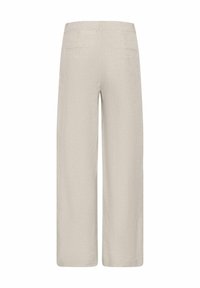 Pantalon beige à jambes larges avec poches passepoilées au dos, taille haute, sans fermetures visibles, présenté de face arrière sur fond blanc.