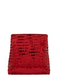Rød clutch-taske med en struktureret overflade lavet af paljetter, prydet med en rektangulær form og lukket top.