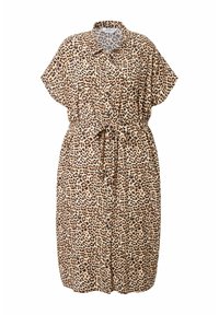 Kleid mit Leopardenmuster, kurzen Ärmeln, vorderer Knopfleiste und einem gebundenen Gürtel in der Taille. Hergestellt aus leichtem, strukturiertem Stoff.