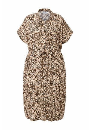 Løveprintkjole med korte ærmer, knaplukning foran og bælte i taljen. Lavet af letvægts, struktureret stof.