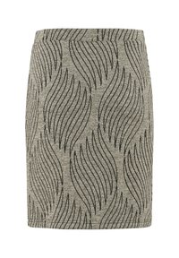 Jupe en tricot gris avec un motif de lignes ondulées noires et une ceinture ajustée, présentée sur un fond blanc.