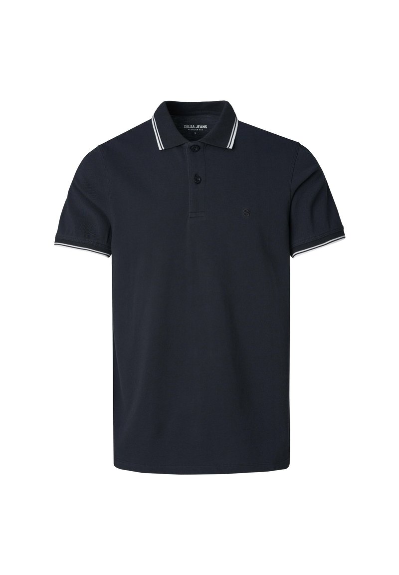 Polo de color navy hecho de algodón con un acabado texturizado, que cuenta con un cuello con tiras blancas en contraste y una tapeta de dos botones, además de un pequeño logo de la marca.