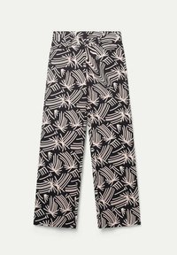 Pantalones de tela negra con un patrón de hojas de palma blancas, con piernas anchas, una cintura alta y un corte recto.