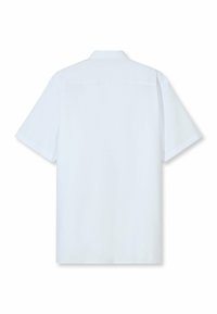 Weißes kurzärmliges Hemd mit Kragen, von hinten auf einem weißen Hintergrund präsentiert.