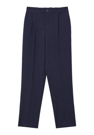 Pantaloni da dress blu navy con design a gamba dritta, caratterizzati da due pieghe frontali, chiusura con bottone frontale e passanti per cintura, realizzati in un tessuto liscio.
