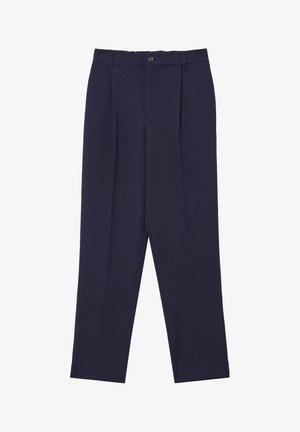 Pantaloni da dress blu navy con design a gamba dritta, caratterizzati da due pieghe frontali, chiusura con bottone frontale e passanti per cintura, realizzati in un tessuto liscio.