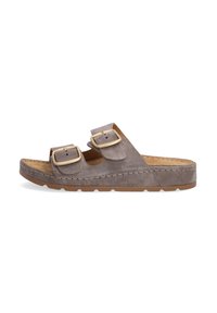 Gray suede slide sandal with two adjustable straps, gold buckles, and a contoured cork footbed. Textured outsole for added grip.