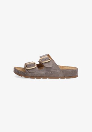 Graue Wildleder-Sandale zum Hineinschlüpfen mit zwei verstellbaren Riemen, goldenen Schnallen und einem konturierten Korkfußbett. Strukturierte Außensohle für zusätzlichen Halt.