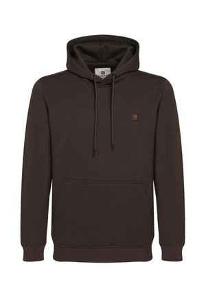 Donkerbruin hoodie met een voorkant kangaroo zak, trekkoordcapuchon, ribgebreide manchetten en een klein vierkant logo op de borst.