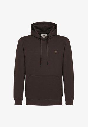 Dark brown hooded sweatshirt with front kangaroo pocket, drawstring hood, ribbed cuffs, and small square logo patch on chest.