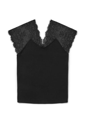 Top nero senza maniche con scollatura a V, caratterizzato da dettagli in pizzo sulle spalle, realizzato in tessuto morbido con una texture liscia.