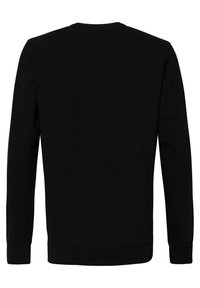 Sweatshirt noir à manches longues, avec un col rond et des poignets côtelés. Texture lisse sans motifs ni logos visibles.