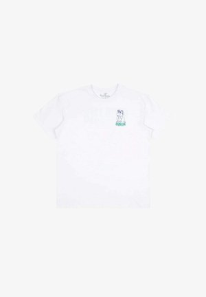 Valkoinen puuvillapaita, jossa on lyhyet hihat. Paidassa on grafiikka kahdesta hahmosta ja teksti "CLUBLIFE" sinisenä ja vihreänä vasemmalla rintataskualueella.