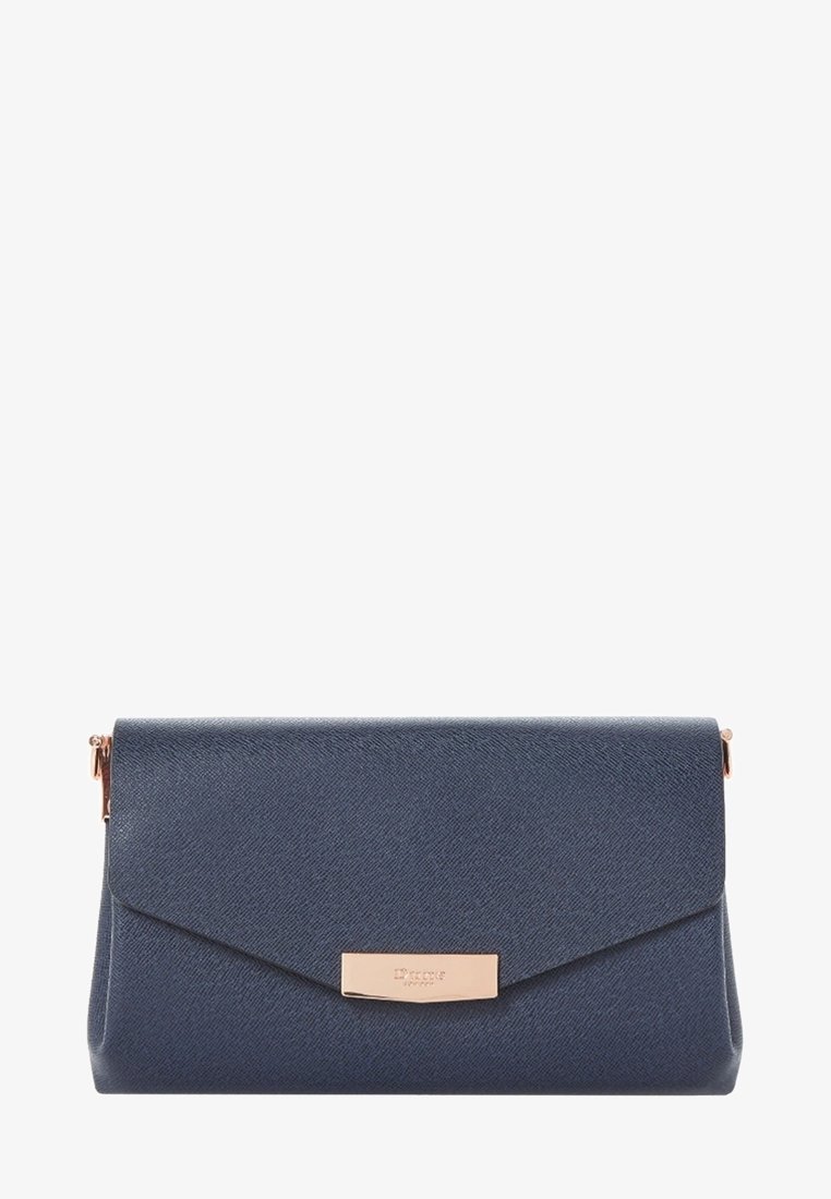 Granatowa, teksturowana torebka kopertówka ze sztucznego materiału z klapką, zdobiona złotą okuciami z przodu. Elegancka i kompaktowa.