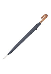 Dark grey umbrella with a quilted fabric cover, wooden hook handle, and metal tip; features a sleek, elongated design for easy handling.